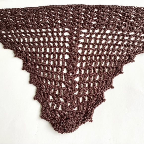 Scarf Triangle Cowl Shawl Hand Crafted Brown Gold Glitter Crochet Overlay - Picture 13 of 16